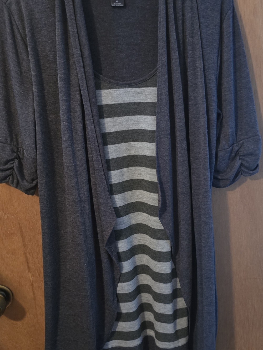 Charcoal Grey Dress Open-Front Cardigan with Striped Tank
